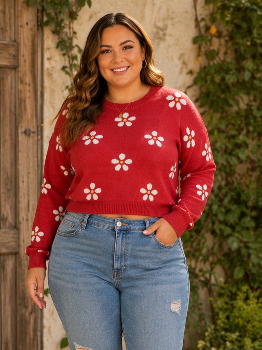 Francesca’s Red Daisy Cropped Sweater and daisy earrings bundle M L XL